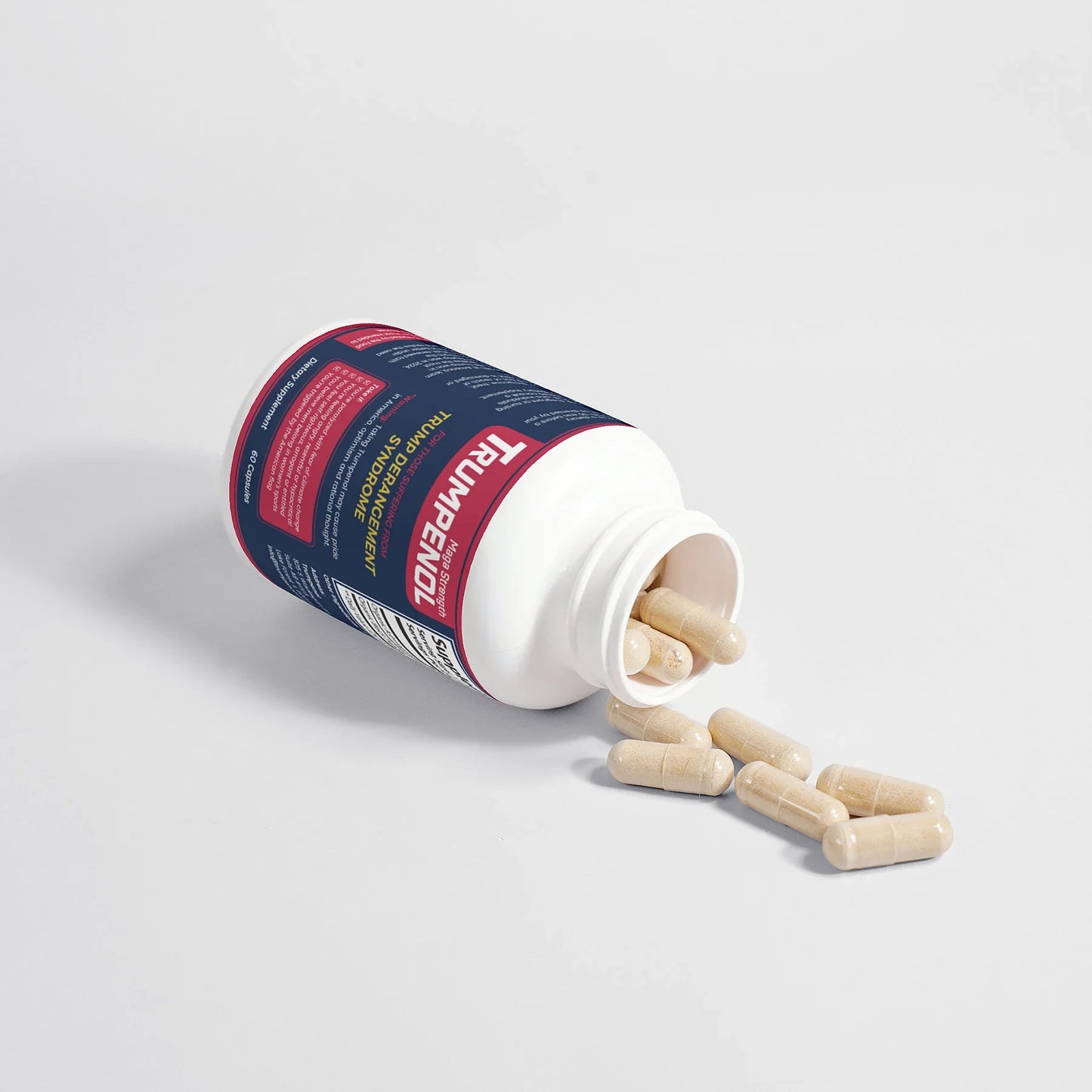 Trumpenol supplement bottle with capsules spilled on white background